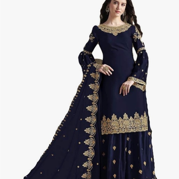 Elegant Navy Blue Dress with Gold Accents - Picture 1 of 2